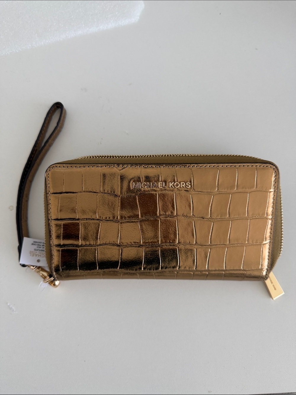 Michael Kors Gold Croc-Embossed Zip Wristlet